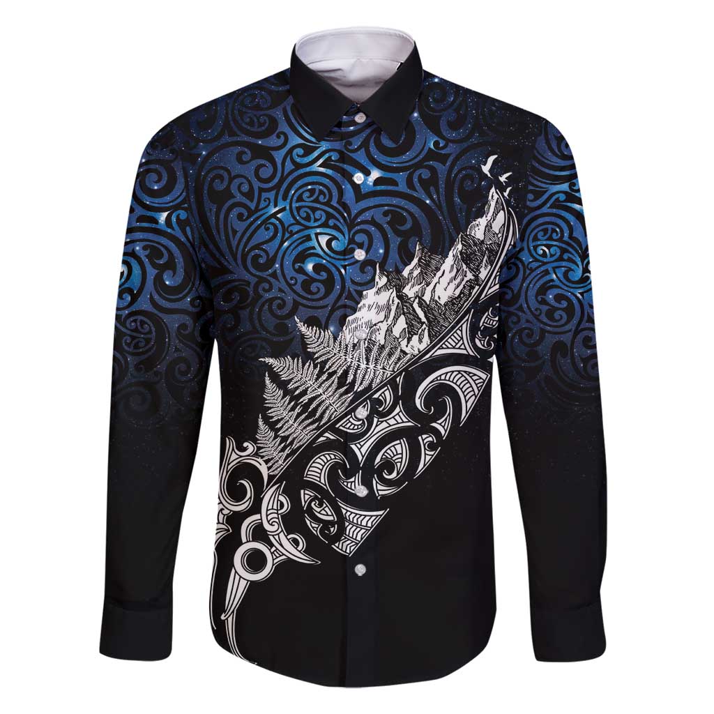 Maori Matariki Family Matching Off Shoulder Maxi Dress and Hawaiian Shirt Landscape Styled Fern - Galaxy LT7 Dad's Shirt - Long Sleeve Black - Polynesian Pride