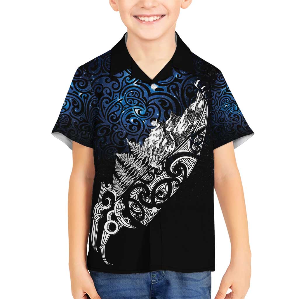 Maori Matariki Family Matching Off Shoulder Maxi Dress and Hawaiian Shirt Landscape Styled Fern - Galaxy LT7 Son's Shirt Black - Polynesian Pride