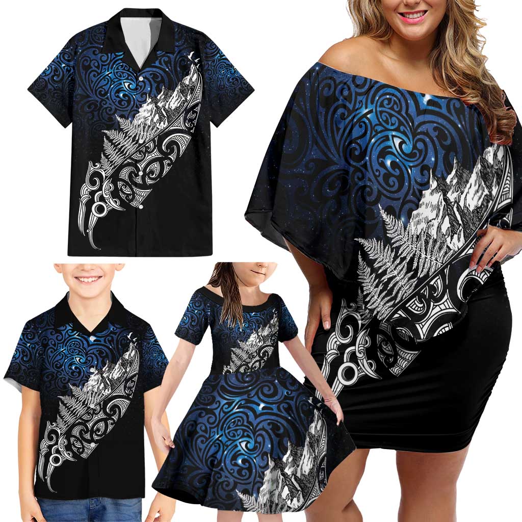 Maori Matariki Family Matching Off Shoulder Short Dress and Hawaiian Shirt Landscape Styled Fern - Galaxy LT7 - Polynesian Pride