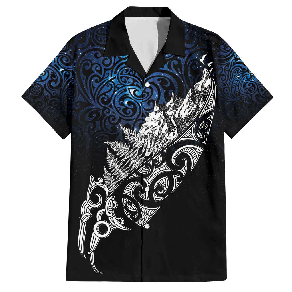 Maori Matariki Family Matching Puletasi and Hawaiian Shirt Landscape Styled Fern - Galaxy LT7 Dad's Shirt - Short Sleeve Black - Polynesian Pride