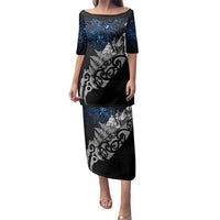 Maori Matariki Family Matching Puletasi and Hawaiian Shirt Landscape Styled Fern - Galaxy LT7 Mom's Dress Black - Polynesian Pride