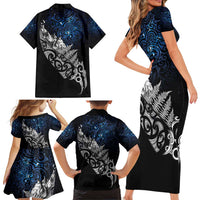 Maori Matariki Family Matching Short Sleeve Bodycon Dress and Hawaiian Shirt Landscape Styled Fern - Galaxy LT7 - Polynesian Pride