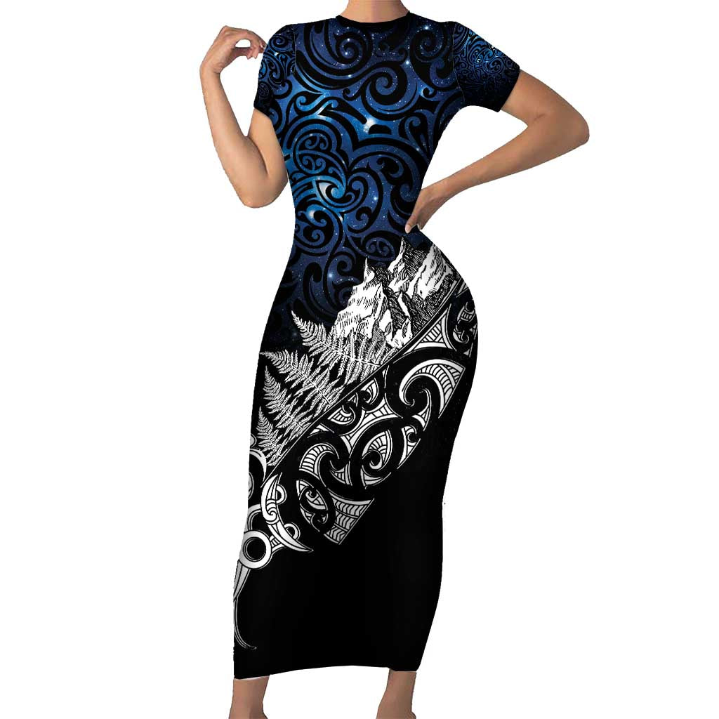 Maori Matariki Family Matching Short Sleeve Bodycon Dress and Hawaiian Shirt Landscape Styled Fern - Galaxy LT7 Mom's Dress Black - Polynesian Pride