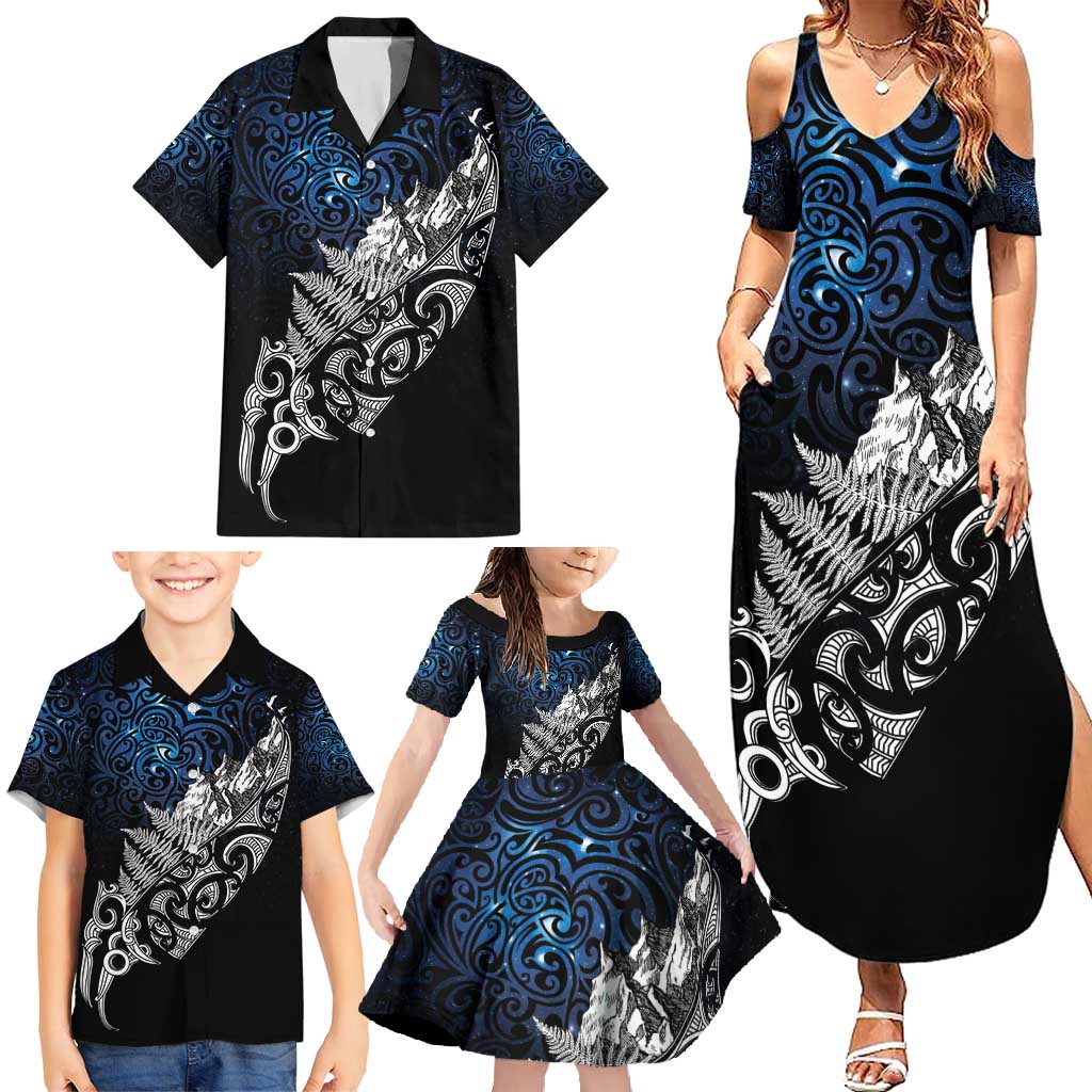 Maori Matariki Family Matching Summer Maxi Dress and Hawaiian Shirt Landscape Styled Fern - Galaxy LT7 - Polynesian Pride