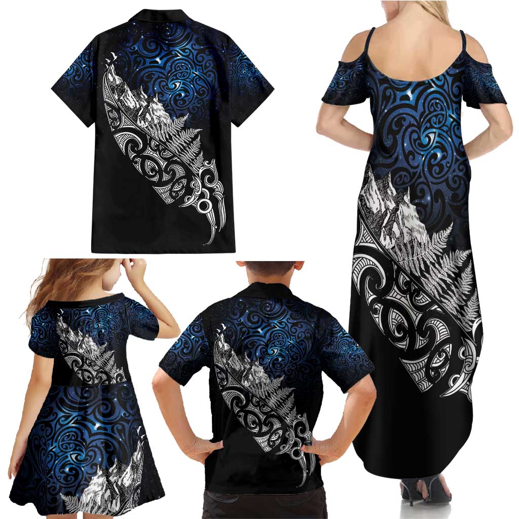 Maori Matariki Family Matching Summer Maxi Dress and Hawaiian Shirt Landscape Styled Fern - Galaxy LT7 - Polynesian Pride