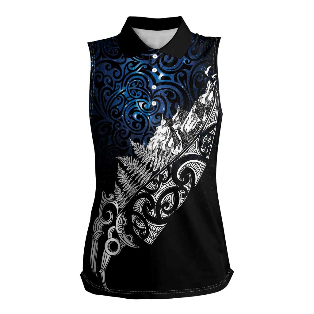 Maori Matariki Women Sleeveless Polo Shirt Landscape Styled Fern - Galaxy LT7 Female Black - Polynesian Pride