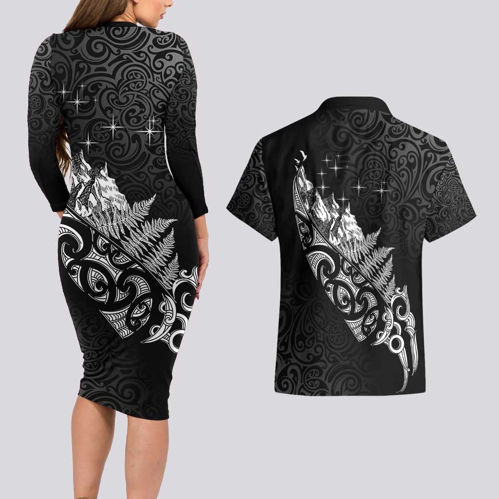 Maori Matariki Couples Matching Long Sleeve Bodycon Dress and Hawaiian Shirt Landscape Styled Fern - Monochrome LT7 - Polynesian Pride