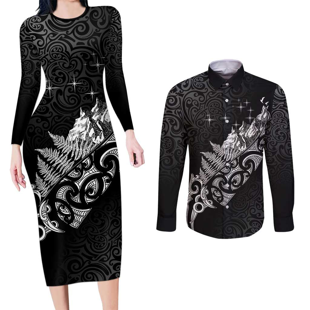 Maori Matariki Couples Matching Long Sleeve Bodycon Dress and Long Sleeve Button Shirt Landscape Styled Fern - Monochrome LT7 Black - Polynesian Pride