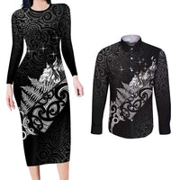 Maori Matariki Couples Matching Long Sleeve Bodycon Dress and Long Sleeve Button Shirt Landscape Styled Fern - Monochrome LT7 Black - Polynesian Pride