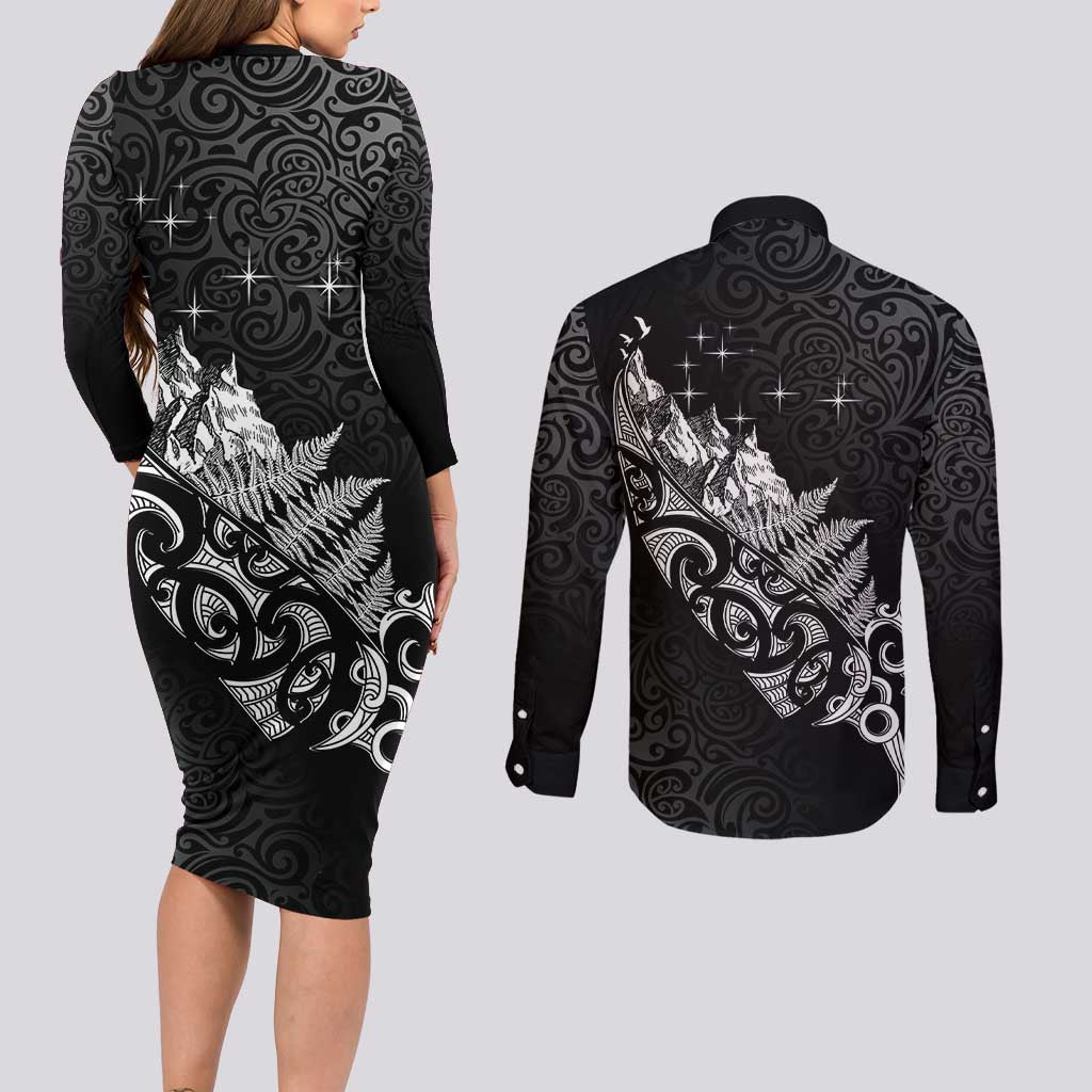 Maori Matariki Couples Matching Long Sleeve Bodycon Dress and Long Sleeve Button Shirt Landscape Styled Fern - Monochrome LT7 - Polynesian Pride