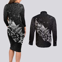 Maori Matariki Couples Matching Long Sleeve Bodycon Dress and Long Sleeve Button Shirt Landscape Styled Fern - Monochrome LT7 - Polynesian Pride