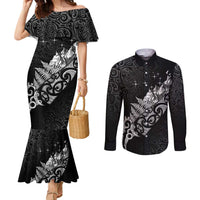 Maori Matariki Couples Matching Mermaid Dress and Long Sleeve Button Shirt Landscape Styled Fern - Monochrome LT7 Black - Polynesian Pride