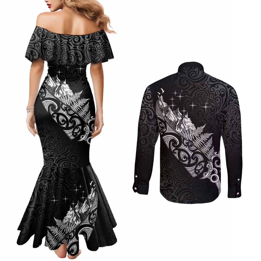 Maori Matariki Couples Matching Mermaid Dress and Long Sleeve Button Shirt Landscape Styled Fern - Monochrome LT7 - Polynesian Pride