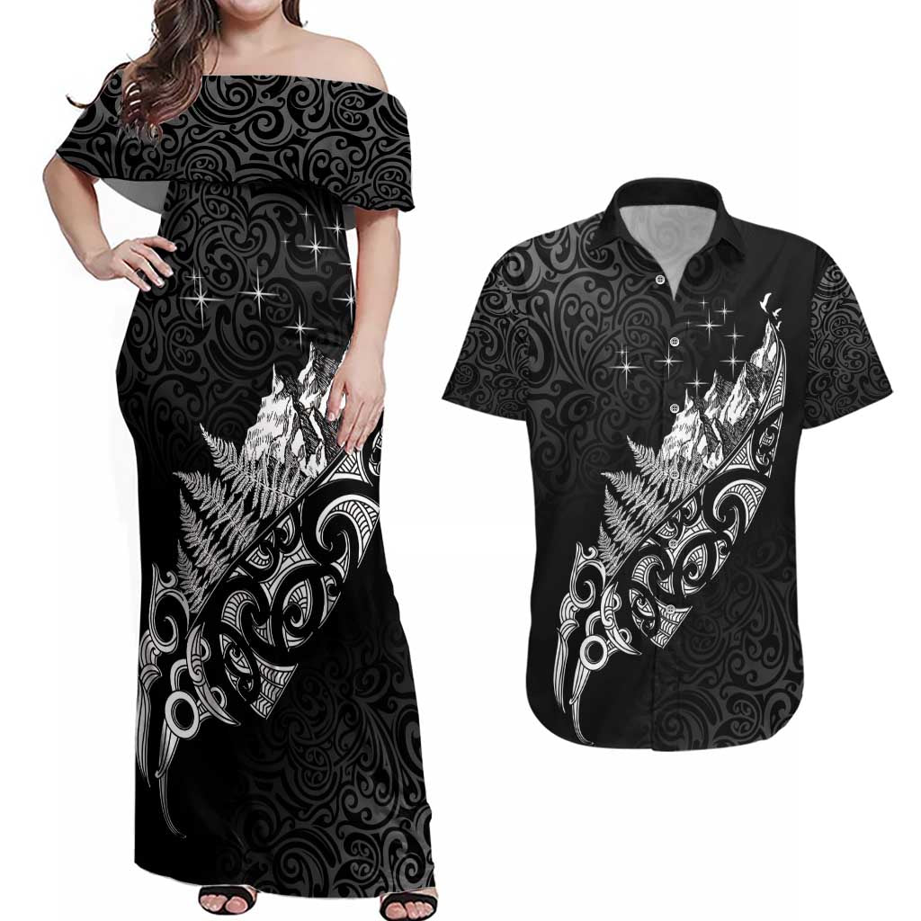 Maori Matariki Couples Matching Off Shoulder Maxi Dress and Hawaiian Shirt Landscape Styled Fern - Monochrome LT7 Black - Polynesian Pride