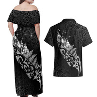 Maori Matariki Couples Matching Off Shoulder Maxi Dress and Hawaiian Shirt Landscape Styled Fern - Monochrome LT7 - Polynesian Pride