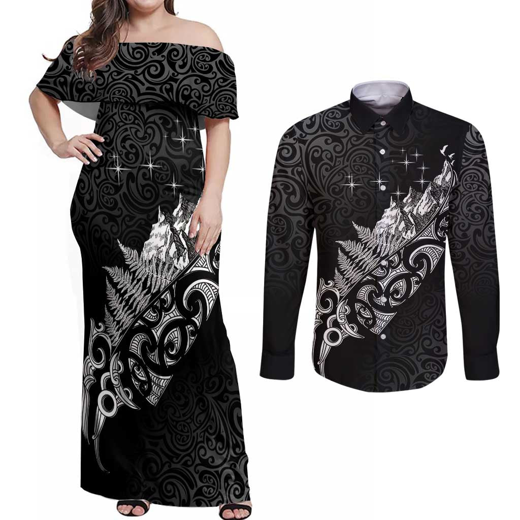 Maori Matariki Couples Matching Off Shoulder Maxi Dress and Long Sleeve Button Shirt Landscape Styled Fern - Monochrome LT7 Black - Polynesian Pride
