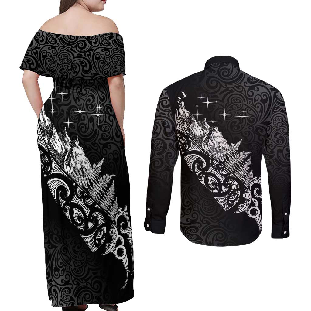 Maori Matariki Couples Matching Off Shoulder Maxi Dress and Long Sleeve Button Shirt Landscape Styled Fern - Monochrome LT7 - Polynesian Pride