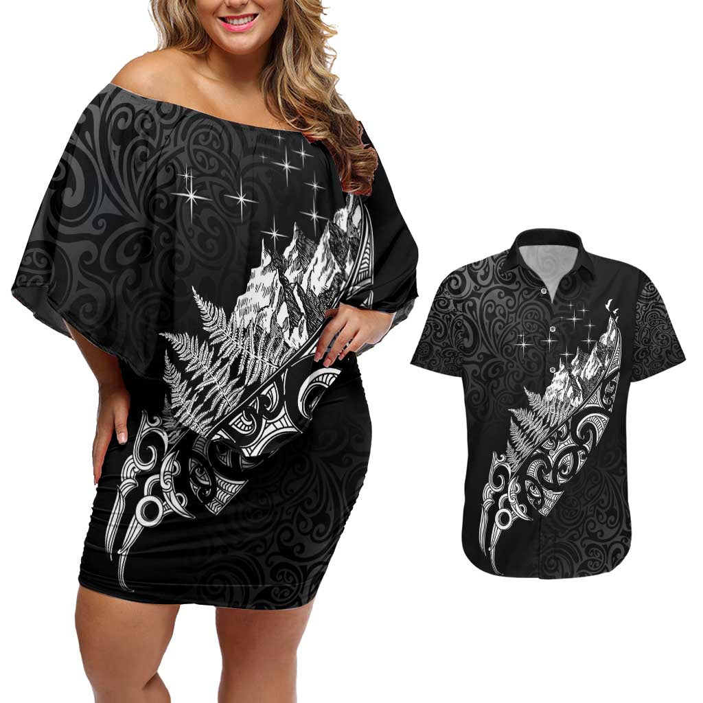 Maori Matariki Couples Matching Off Shoulder Short Dress and Hawaiian Shirt Landscape Styled Fern - Monochrome LT7 Black - Polynesian Pride