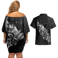 Maori Matariki Couples Matching Off Shoulder Short Dress and Hawaiian Shirt Landscape Styled Fern - Monochrome LT7 - Polynesian Pride