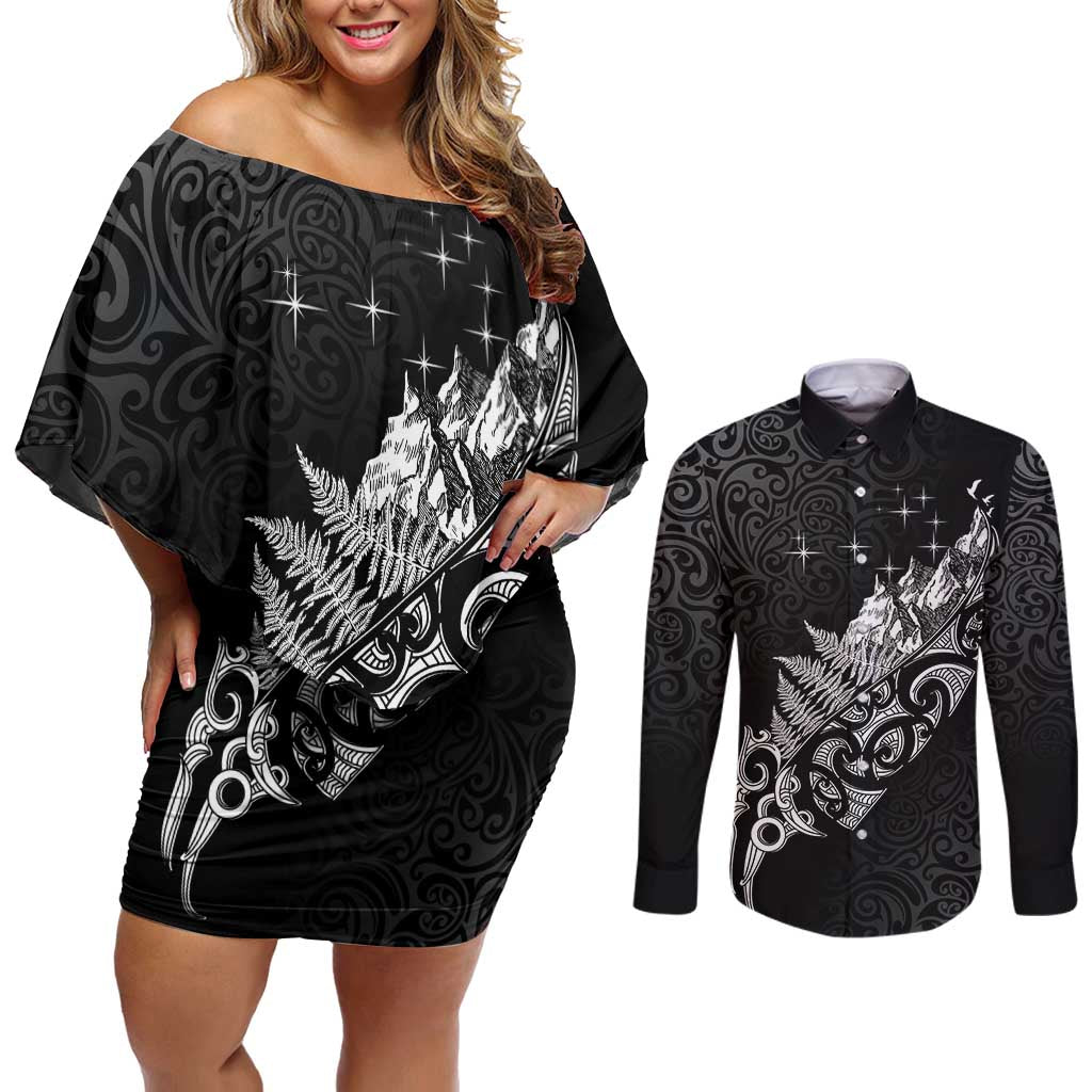 Maori Matariki Couples Matching Off Shoulder Short Dress and Long Sleeve Button Shirt Landscape Styled Fern - Monochrome LT7 Black - Polynesian Pride