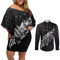 Maori Matariki Couples Matching Off Shoulder Short Dress and Long Sleeve Button Shirt Landscape Styled Fern - Monochrome LT7 Black - Polynesian Pride