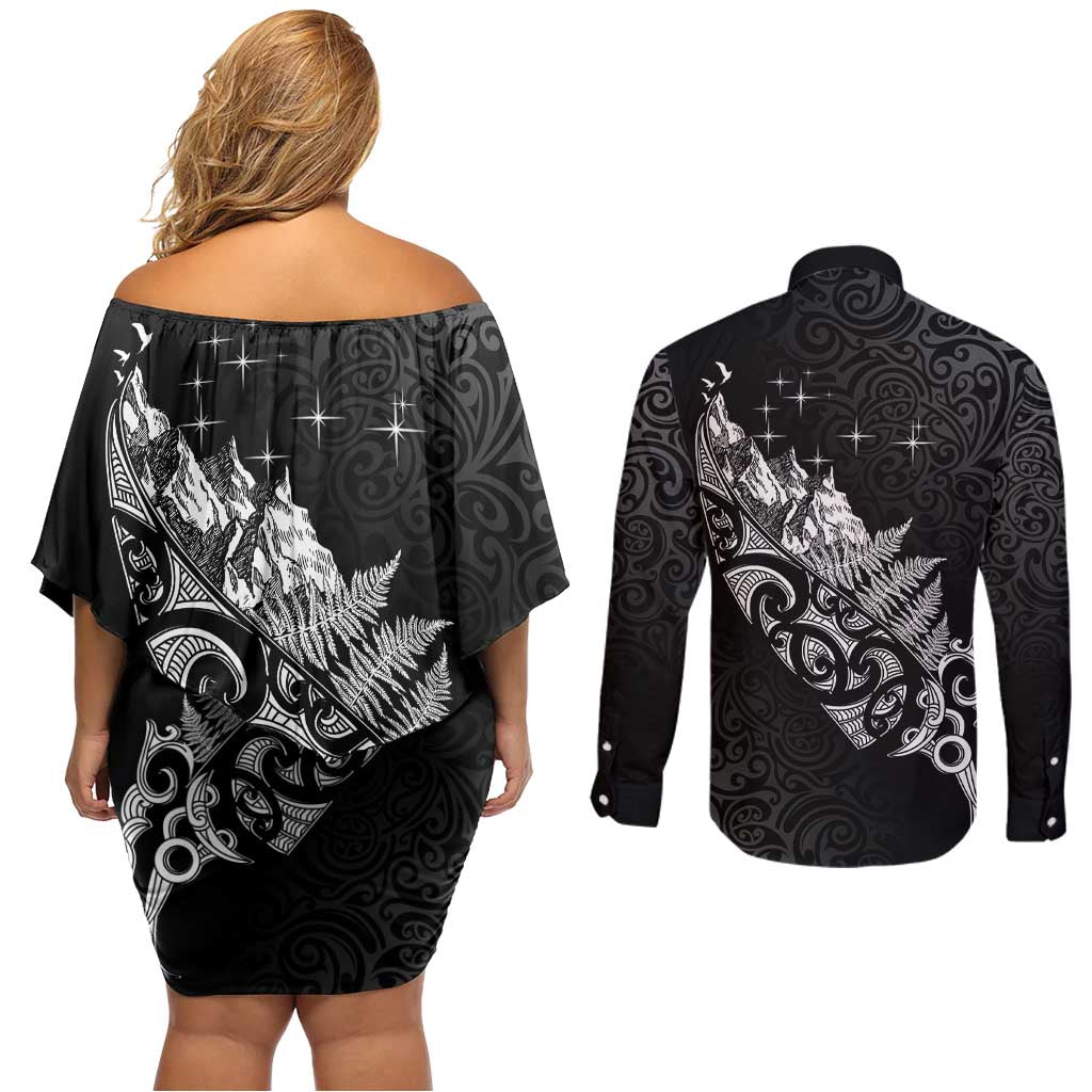 Maori Matariki Couples Matching Off Shoulder Short Dress and Long Sleeve Button Shirt Landscape Styled Fern - Monochrome LT7 - Polynesian Pride