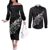 Maori Matariki Couples Matching Off The Shoulder Long Sleeve Dress and Long Sleeve Button Shirt Landscape Styled Fern - Monochrome LT7 Black - Polynesian Pride