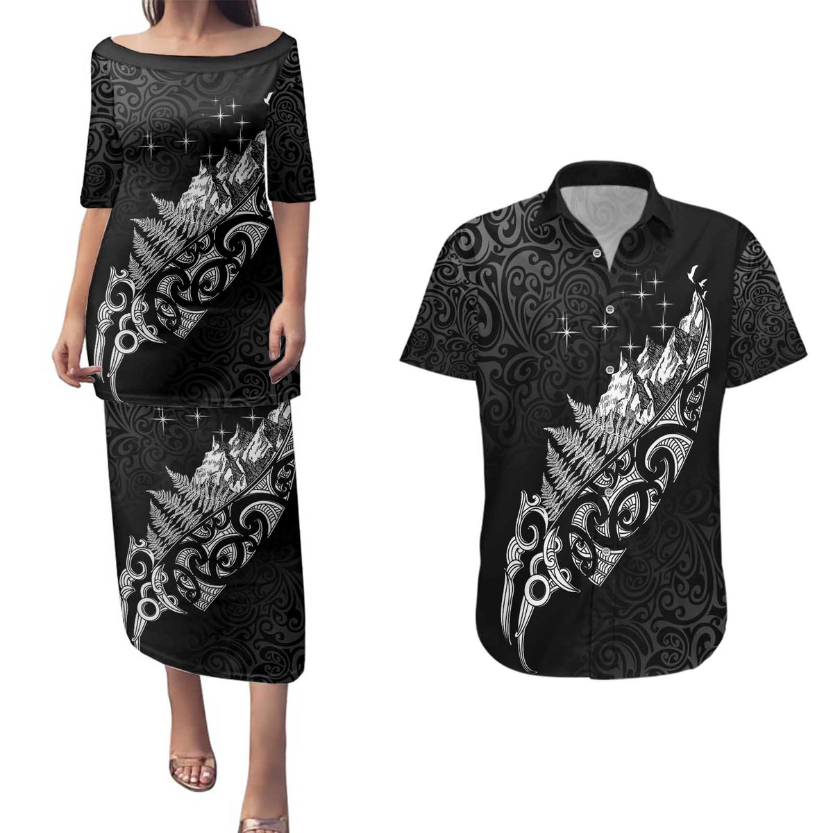 Maori Matariki Couples Matching Puletasi and Hawaiian Shirt Landscape Styled Fern - Monochrome LT7 Black - Polynesian Pride