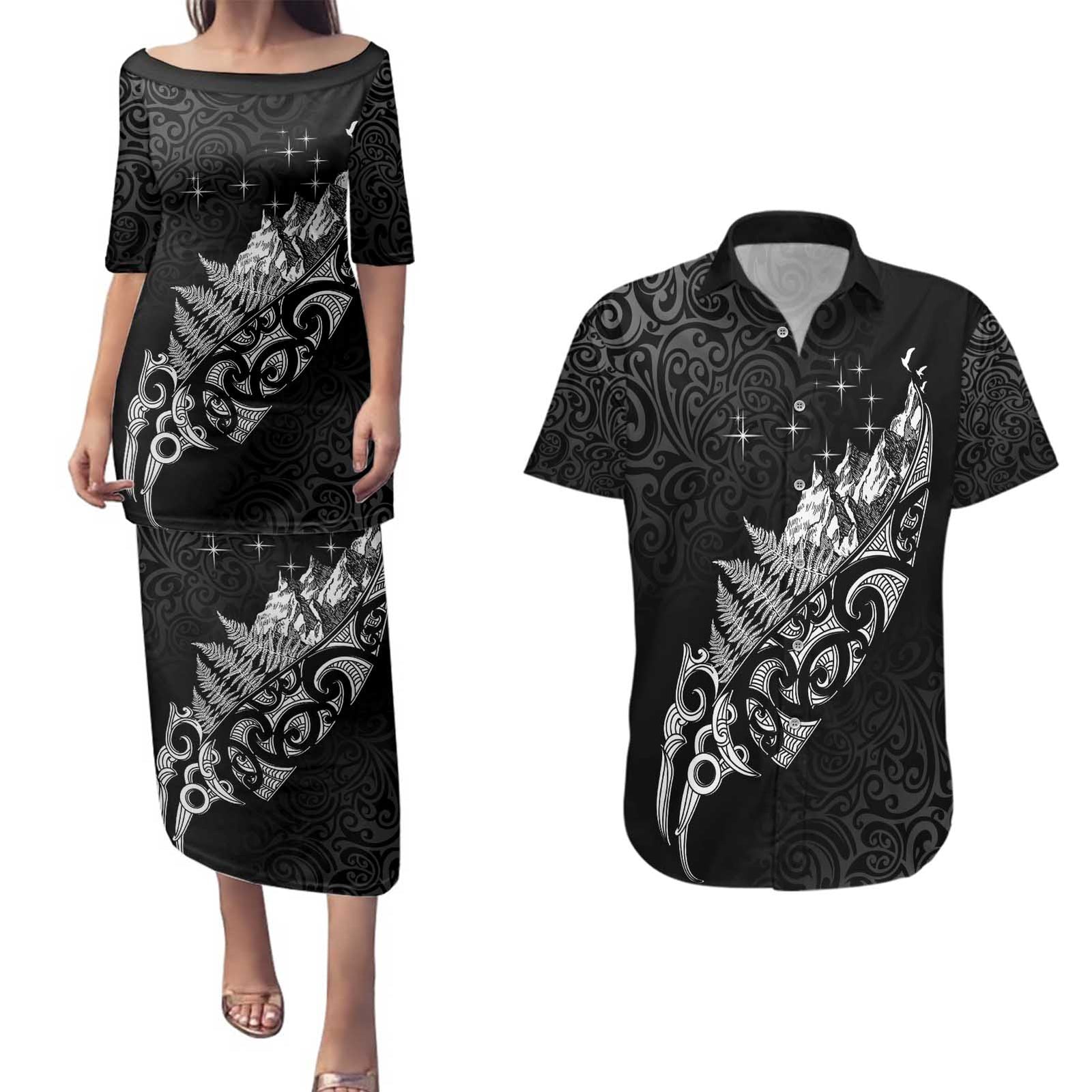 Maori Matariki Couples Matching Puletasi and Hawaiian Shirt Landscape Styled Fern - Monochrome LT7 Black - Polynesian Pride