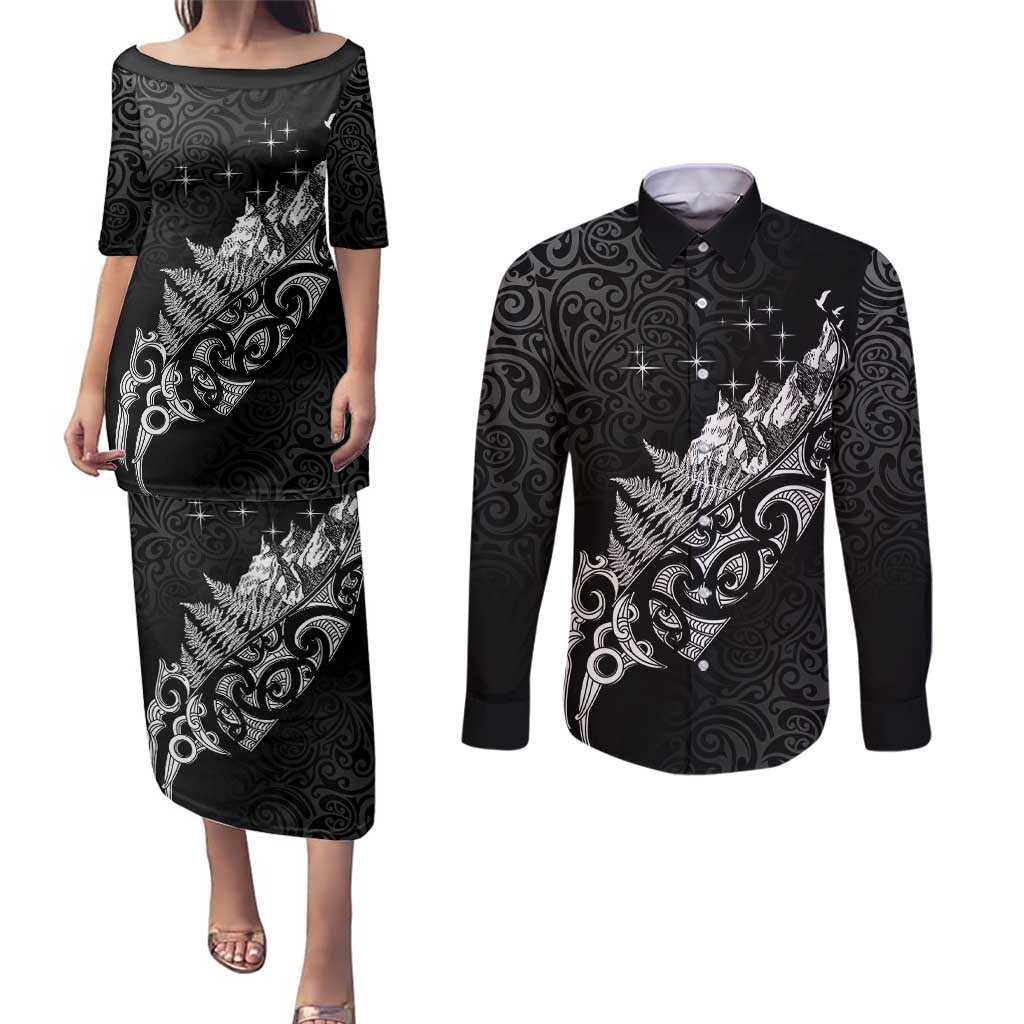 Maori Matariki Couples Matching Puletasi and Long Sleeve Button Shirt Landscape Styled Fern - Monochrome LT7 Black - Polynesian Pride
