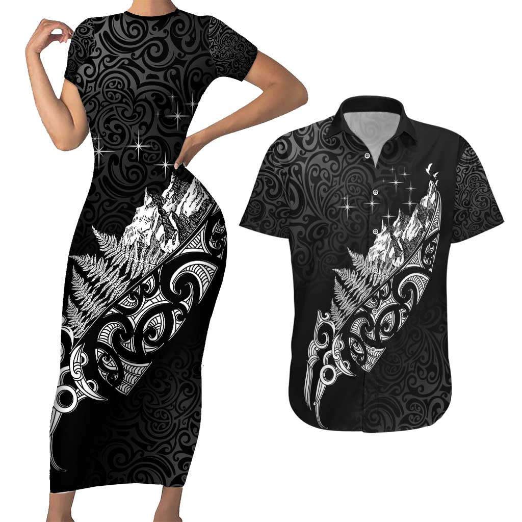 Maori Matariki Couples Matching Short Sleeve Bodycon Dress and Hawaiian Shirt Landscape Styled Fern - Monochrome LT7 Black - Polynesian Pride