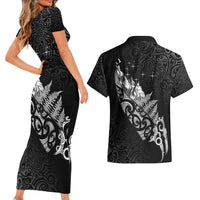 Maori Matariki Couples Matching Short Sleeve Bodycon Dress and Hawaiian Shirt Landscape Styled Fern - Monochrome LT7 - Polynesian Pride