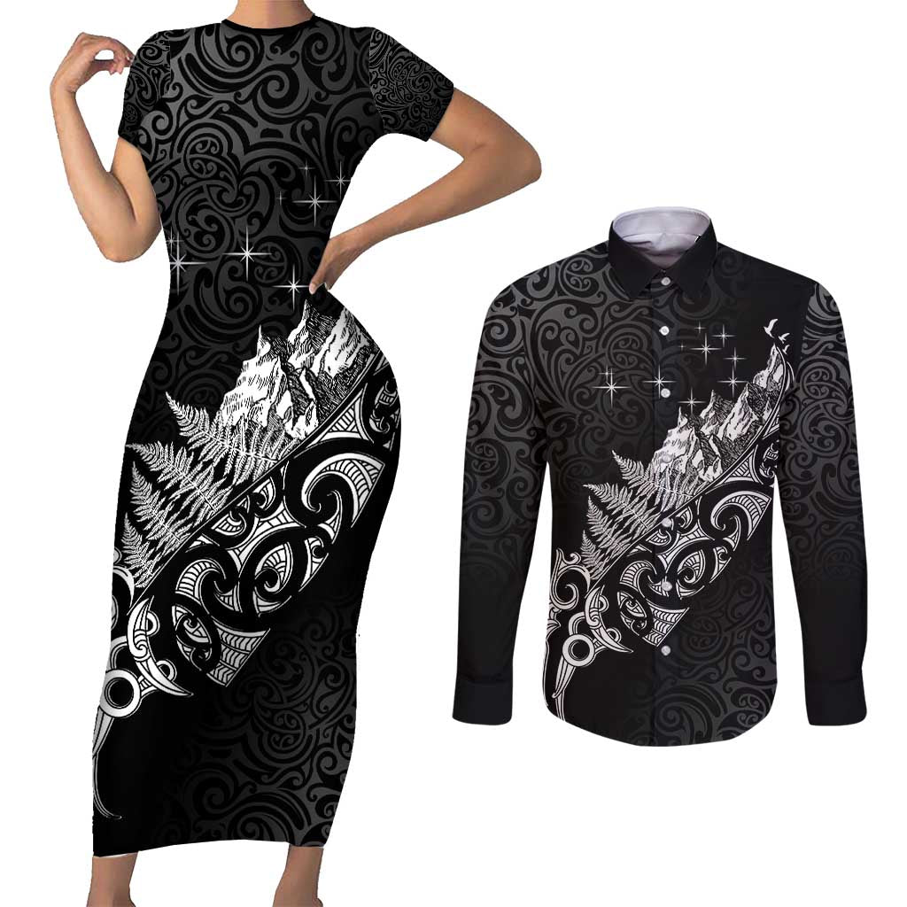 Maori Matariki Couples Matching Short Sleeve Bodycon Dress and Long Sleeve Button Shirt Landscape Styled Fern - Monochrome LT7 Black - Polynesian Pride