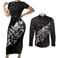 Maori Matariki Couples Matching Short Sleeve Bodycon Dress and Long Sleeve Button Shirt Landscape Styled Fern - Monochrome LT7 Black - Polynesian Pride