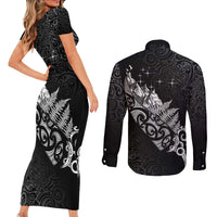 Maori Matariki Couples Matching Short Sleeve Bodycon Dress and Long Sleeve Button Shirt Landscape Styled Fern - Monochrome LT7 - Polynesian Pride