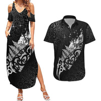 Maori Matariki Couples Matching Summer Maxi Dress and Hawaiian Shirt Landscape Styled Fern - Monochrome LT7 Black - Polynesian Pride