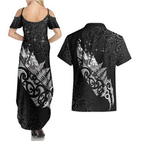 Maori Matariki Couples Matching Summer Maxi Dress and Hawaiian Shirt Landscape Styled Fern - Monochrome LT7 - Polynesian Pride