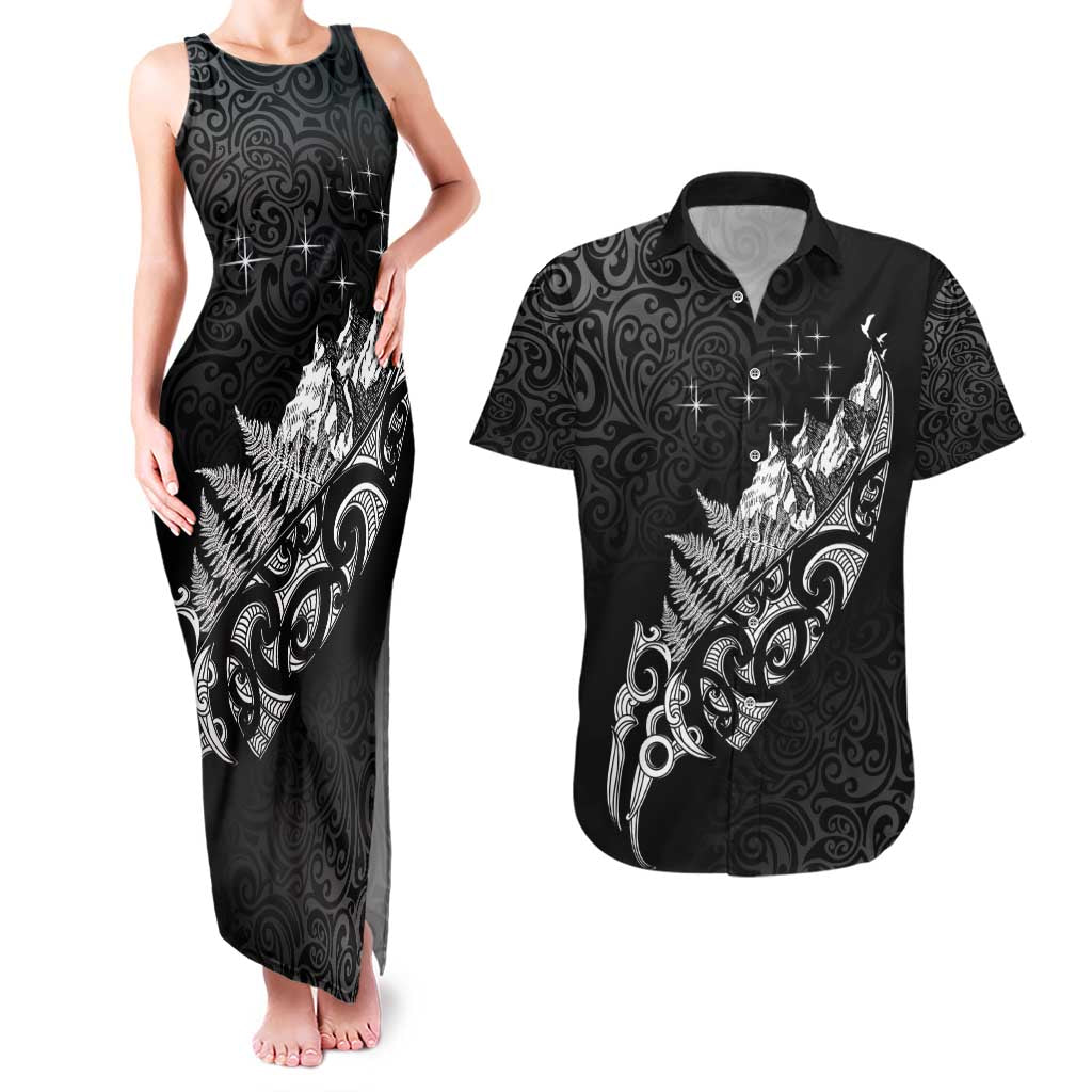 Maori Matariki Couples Matching Tank Maxi Dress and Hawaiian Shirt Landscape Styled Fern - Monochrome LT7 Black - Polynesian Pride