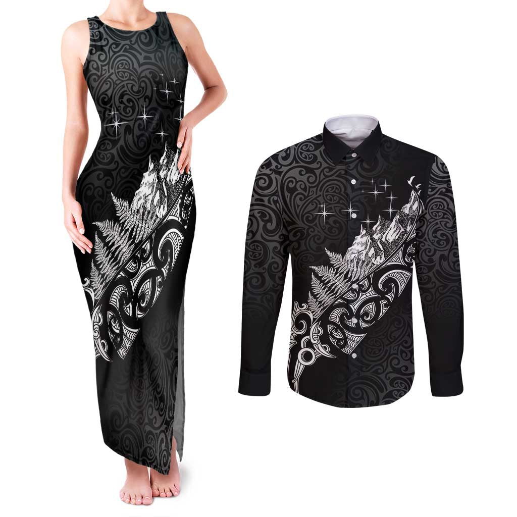Maori Matariki Couples Matching Tank Maxi Dress and Long Sleeve Button Shirt Landscape Styled Fern - Monochrome LT7 Black - Polynesian Pride