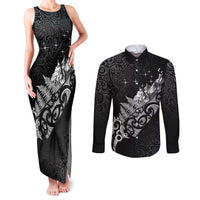 Maori Matariki Couples Matching Tank Maxi Dress and Long Sleeve Button Shirt Landscape Styled Fern - Monochrome LT7 Black - Polynesian Pride