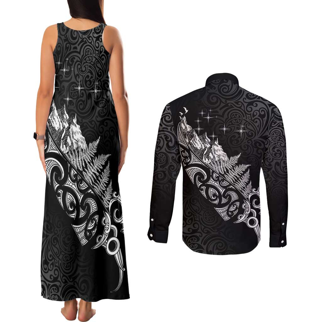 Maori Matariki Couples Matching Tank Maxi Dress and Long Sleeve Button Shirt Landscape Styled Fern - Monochrome LT7 - Polynesian Pride