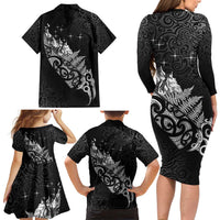 Maori Matariki Family Matching Long Sleeve Bodycon Dress and Hawaiian Shirt Landscape Styled Fern - Monochrome LT7 - Polynesian Pride