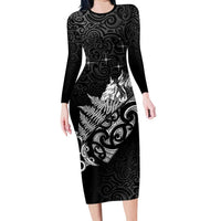 Maori Matariki Family Matching Long Sleeve Bodycon Dress and Hawaiian Shirt Landscape Styled Fern - Monochrome LT7 Mom's Dress Black - Polynesian Pride