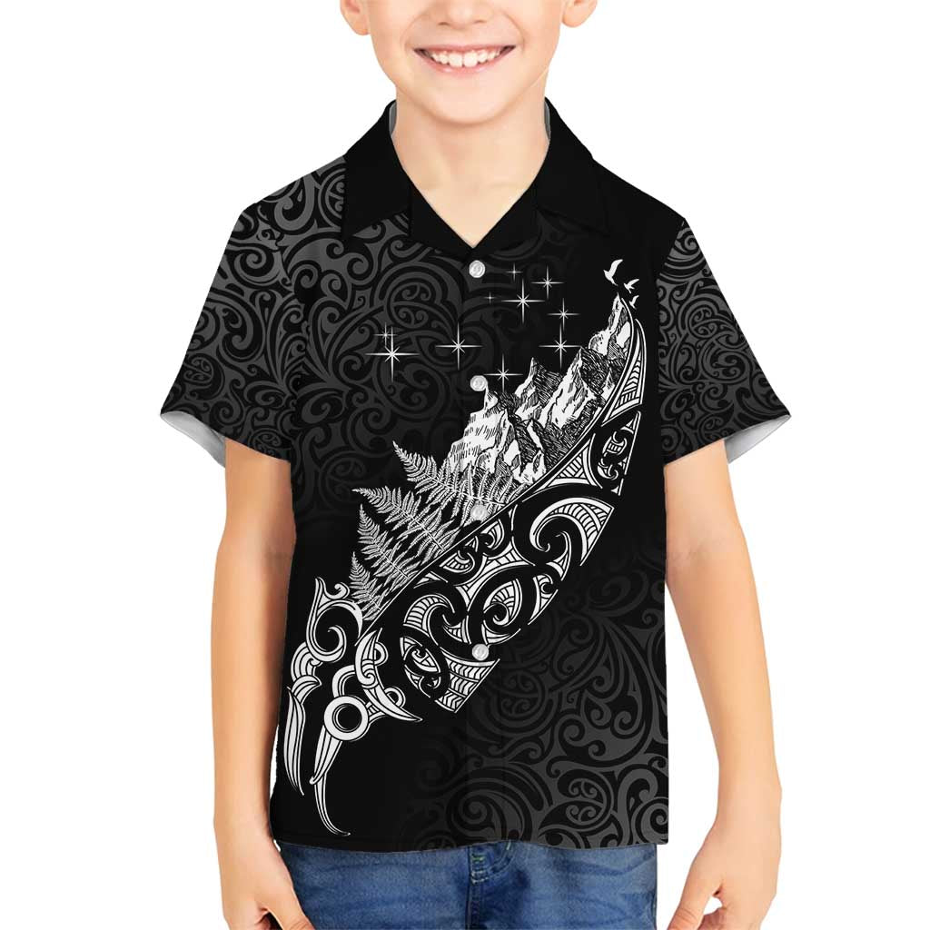 Maori Matariki Family Matching Long Sleeve Bodycon Dress and Hawaiian Shirt Landscape Styled Fern - Monochrome LT7 Son's Shirt Black - Polynesian Pride