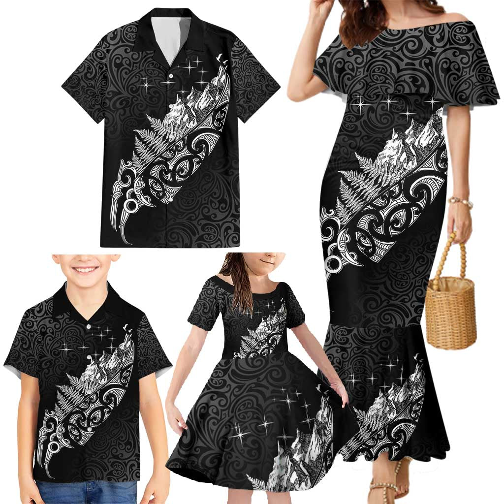 Maori Matariki Family Matching Mermaid Dress and Hawaiian Shirt Landscape Styled Fern - Monochrome LT7 - Polynesian Pride
