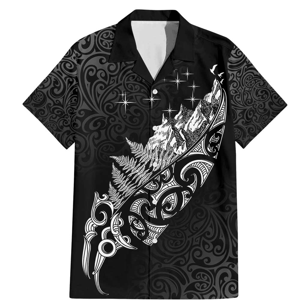 Maori Matariki Family Matching Mermaid Dress and Hawaiian Shirt Landscape Styled Fern - Monochrome LT7 Dad's Shirt - Short Sleeve Black - Polynesian Pride