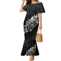Maori Matariki Family Matching Mermaid Dress and Hawaiian Shirt Landscape Styled Fern - Monochrome LT7 Mom's Dress Black - Polynesian Pride
