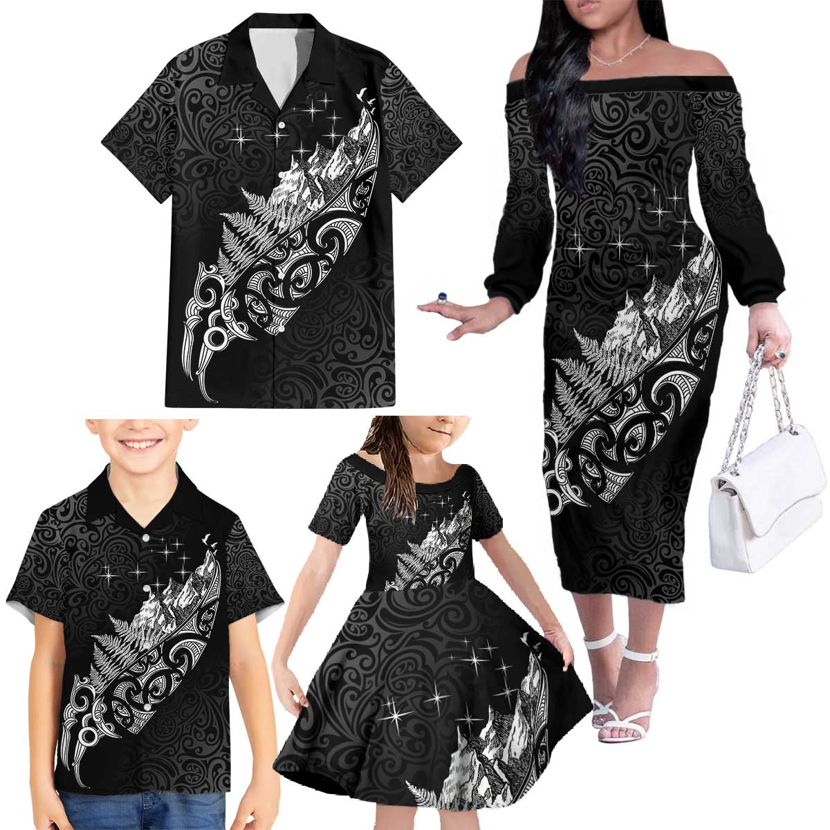 Maori Matariki Family Matching Off The Shoulder Long Sleeve Dress and Hawaiian Shirt Landscape Styled Fern - Monochrome LT7 - Polynesian Pride