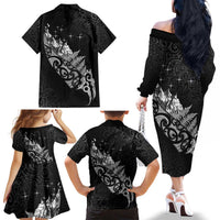 Maori Matariki Family Matching Off The Shoulder Long Sleeve Dress and Hawaiian Shirt Landscape Styled Fern - Monochrome LT7 - Polynesian Pride