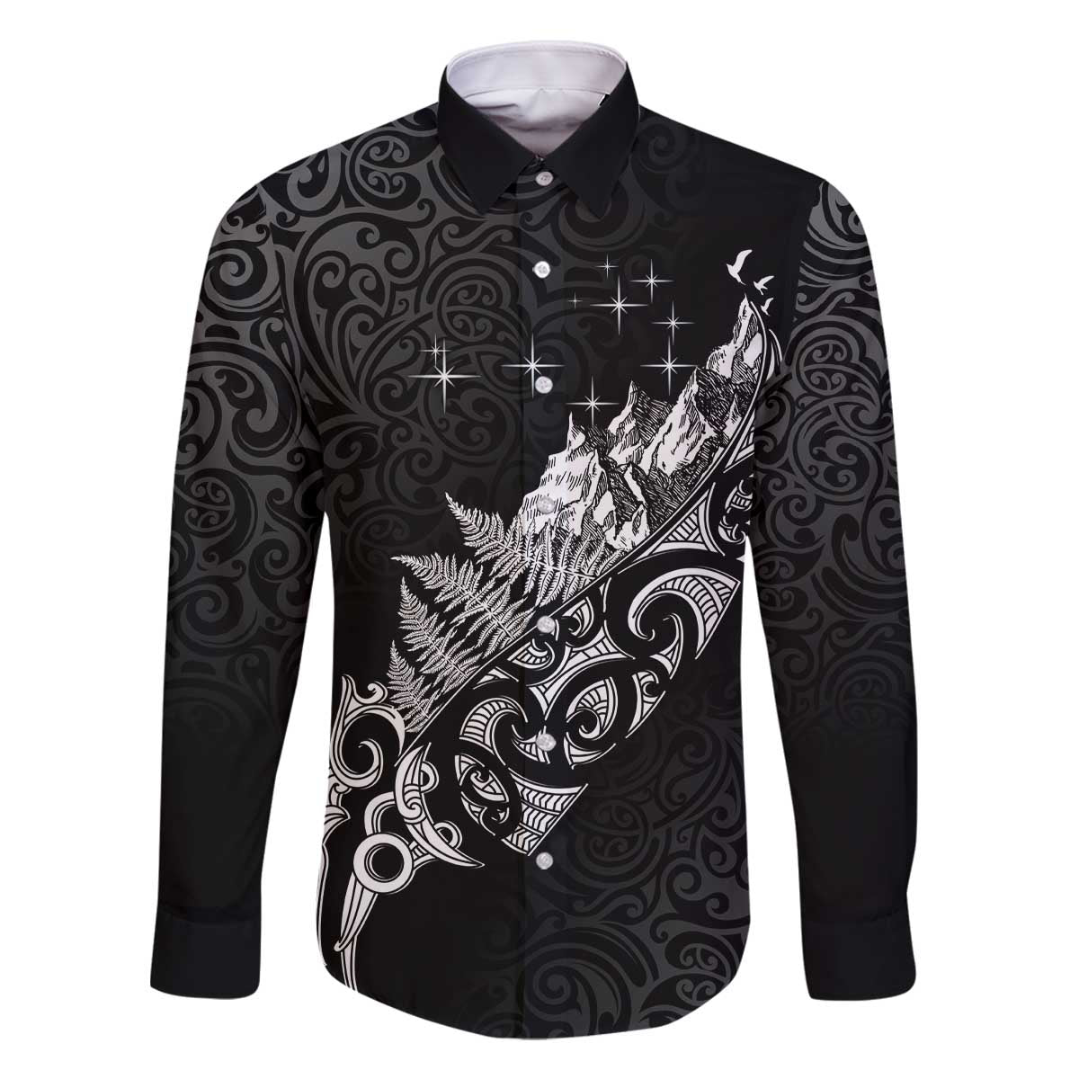 Maori Matariki Family Matching Off The Shoulder Long Sleeve Dress and Hawaiian Shirt Landscape Styled Fern - Monochrome LT7 Dad's Shirt - Long Sleeve Black - Polynesian Pride